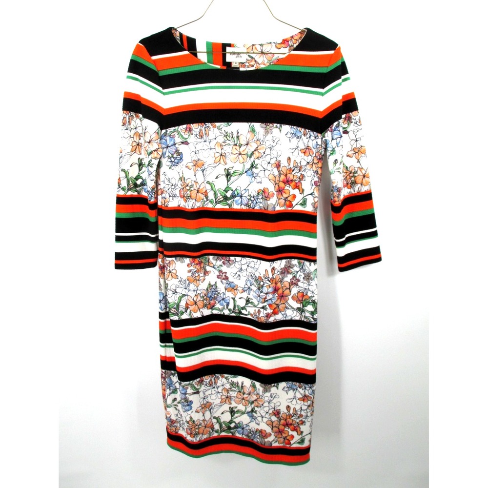 BEIGE BY ECI Midi Dress Women Medium Multicolor Stripe Floral Patchwork Stretch
